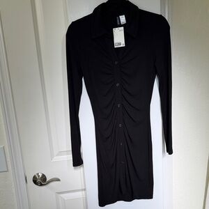 H&M Black Ruched Long Sleeve Dress